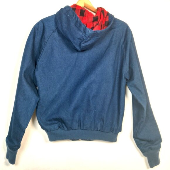 Vintage Walls Workwear Jacket S Blue Jean Denim Flannel Red Buffalo Plaid Lined - Picture 2 of 16